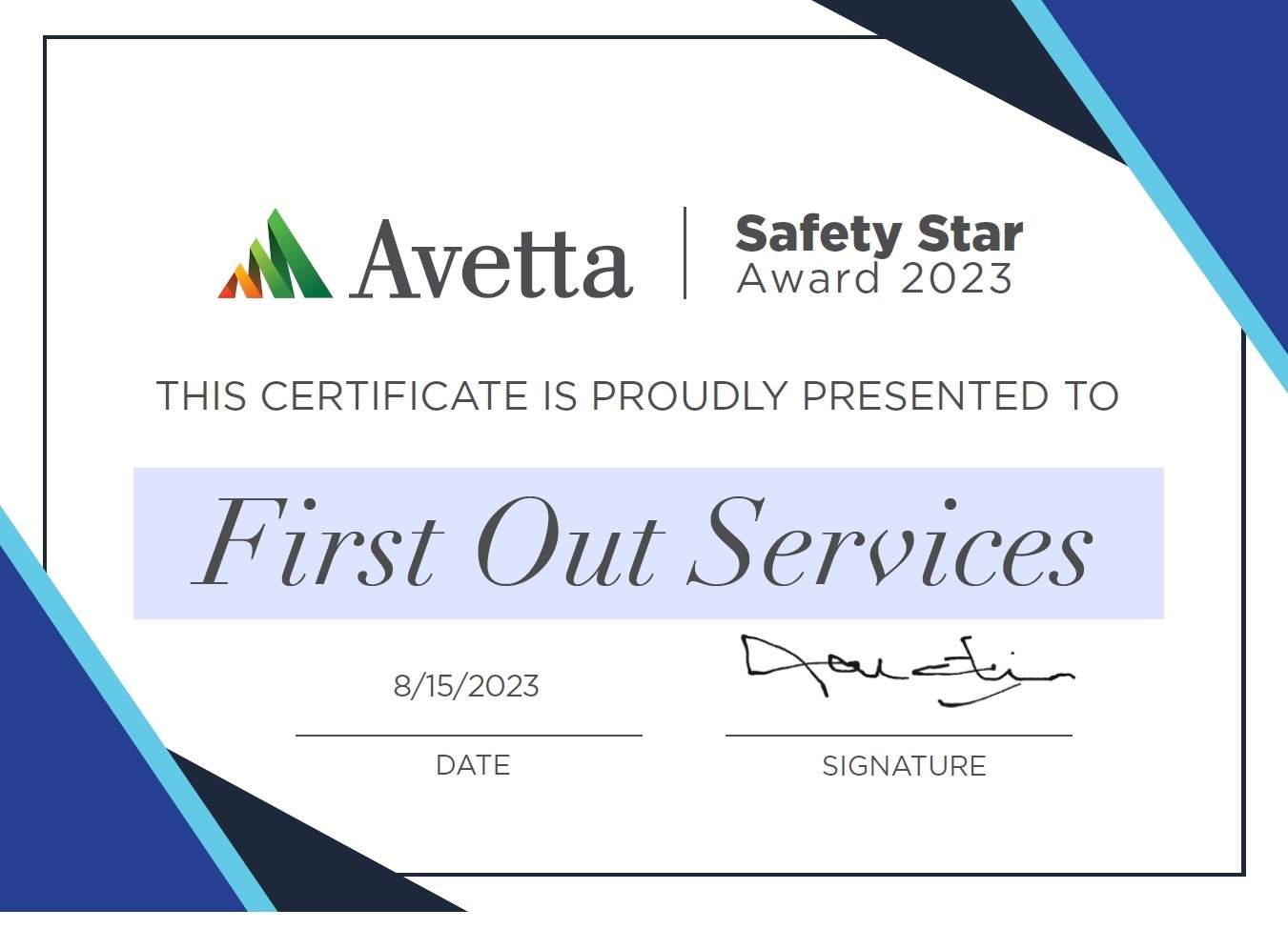 Avetta Safety Star Award 2023 - First Out Services
